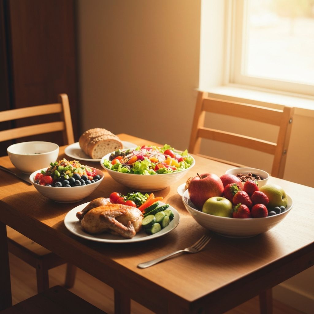 Repas quotidien varié avec légumes et fruits